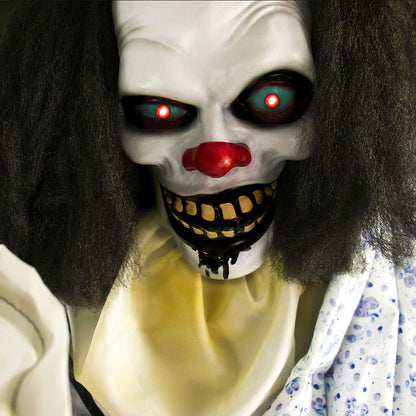 Haunted Hill Farm Life-Size Animatronic Scary Talking Clown with Doll, Motion, Touch Activated Lights, and Sounds, Indoor or Covered Outdoor Halloween Decorations, Battery Operated Halloween Props