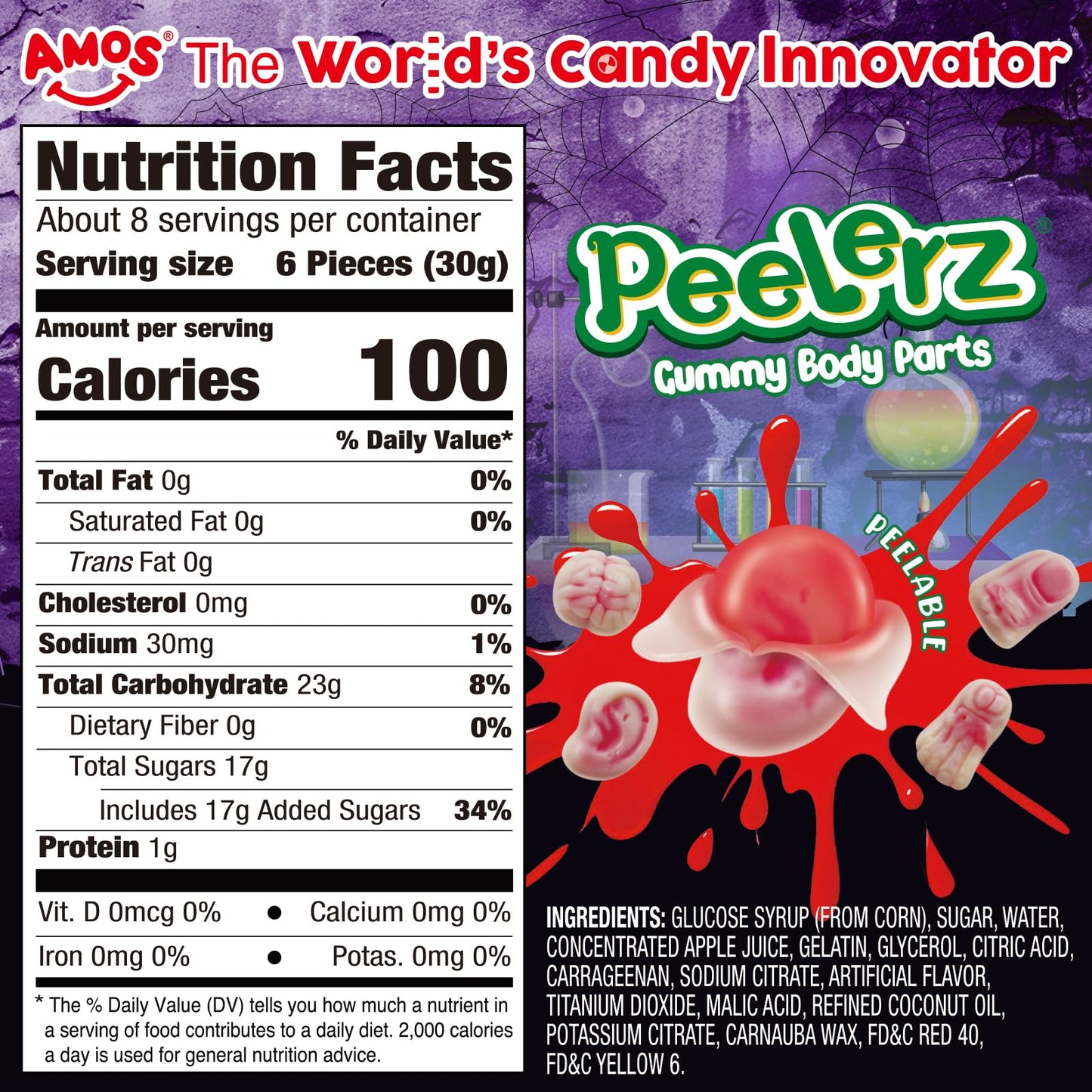 AMOS Halloween Peelerz Body Parts Gummies Candy - Party Treats & Trick or Treat Favors for Kids, Fun Snacks for Adults, Individually Wrapped Pieces, 240g (8.47oz) Bag