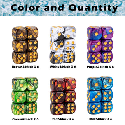 36 Pieces 16mm Marble D6 Dice 6 Sided Dice Set Round Corner Board Game Dice for MTG DND Tenzi Farkle Yahtzee Bunco or Math Learning
