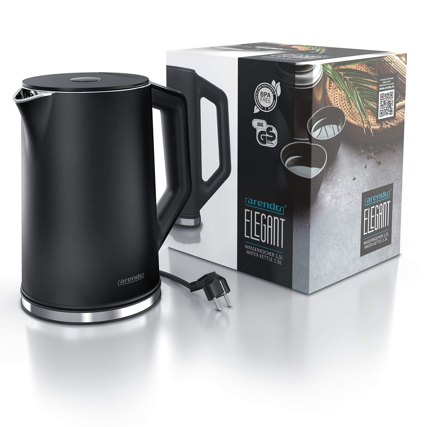 Arendo - Stainless Steel Kettle with Temperature Setting 40-100 Degrees in 5 Steps - Double Wall Design - Elegant Model - 1.5 Litre - 2200 W - Tea Maker with Temperature Display - GS - Black