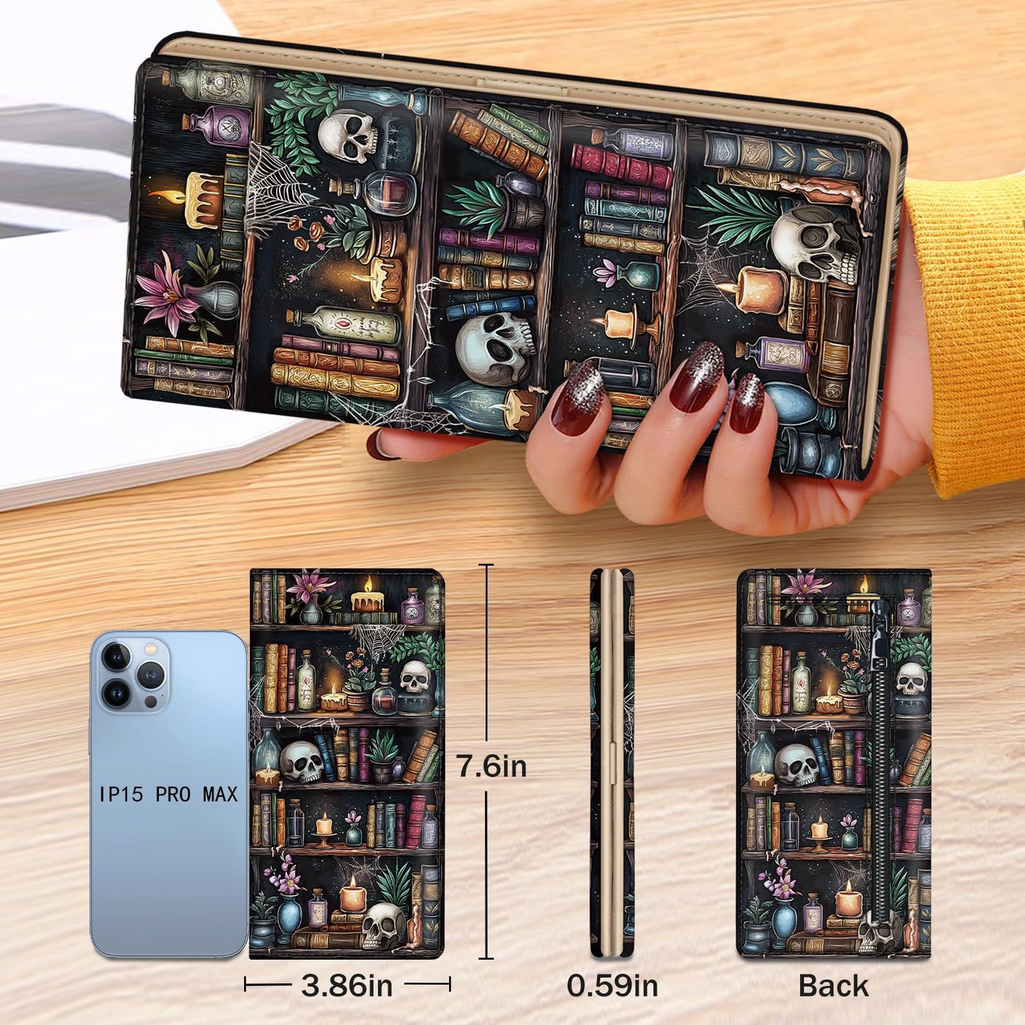 Immaturus Womens Wallet, Goth Skull Bookshelf Slim Thin RFID Blocking Credit Card Wallets, Long Bifold PU Leather Card Holder Organizer, Cash Clutch Billfold with Zipper Coin Pocket Ladies Girls Gift