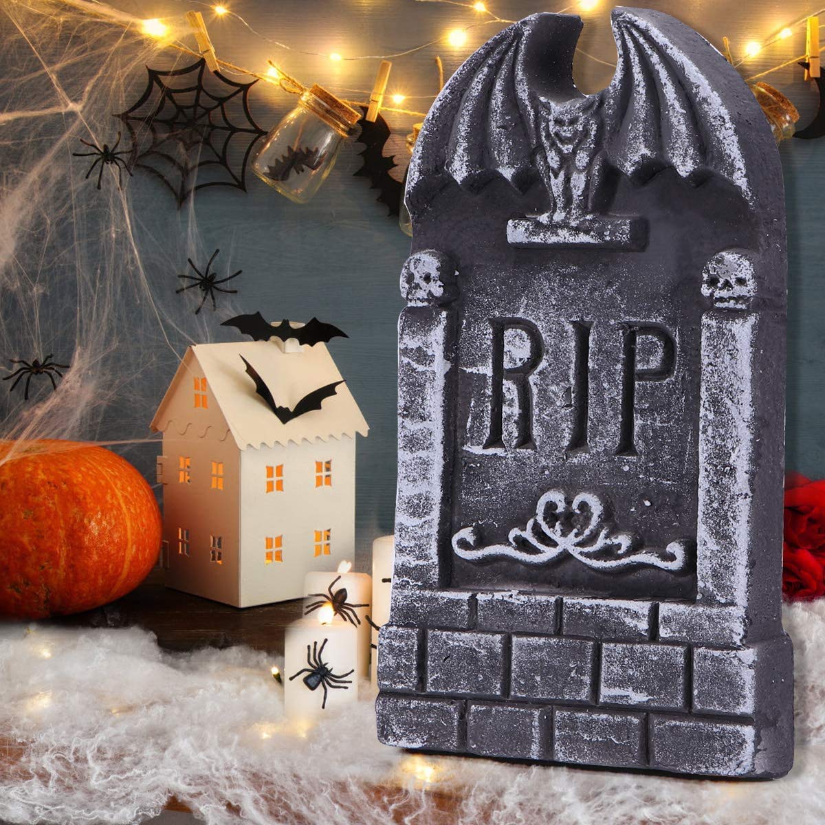 AYOGU 17” Halloween Foam RIP Graveyard Tombstones, 5 Pack Tombstone with 10 Metal Stakes for Halloween Decorations