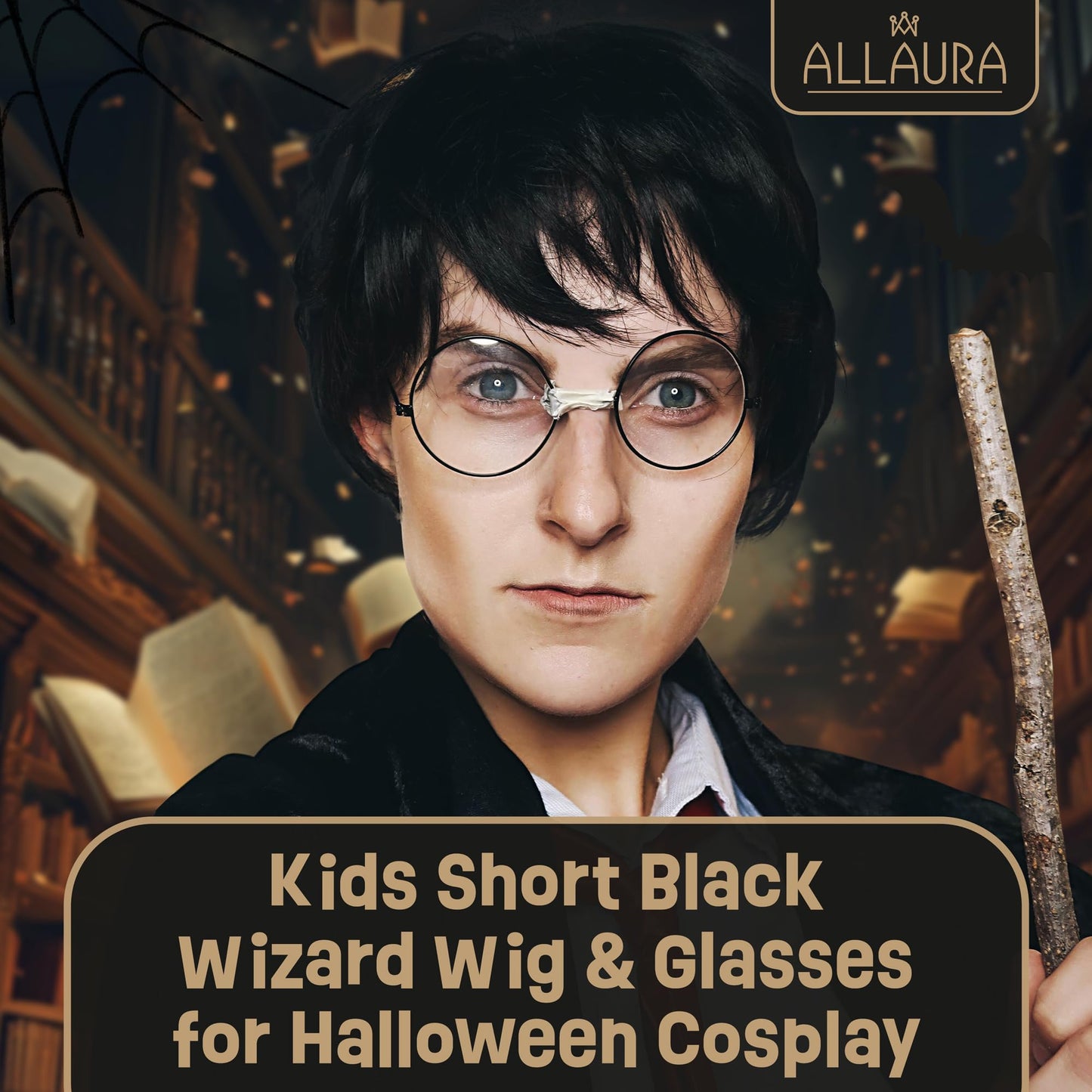 ALLAURA Compatible with Harry Potter Wig – Short Black Boy Wizard Wig & Glasses Set for Kids & Adults – Magical School Costume Accessory for Halloween, Cosplay, Book Week, Fantasy Party Outfits