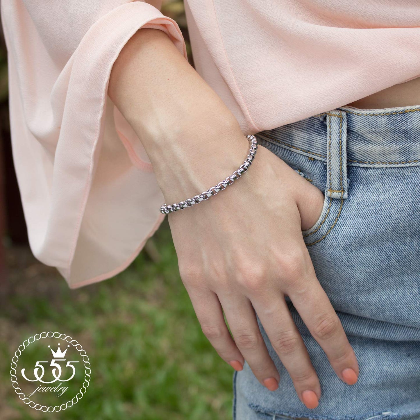 555Jewelry 5mm Stainless Steel Box Chain Bracelet for Men & Women, Stainless Steel Bracelet for Men, Bracelet Chain For Men, Sliver, 8.25 Inch