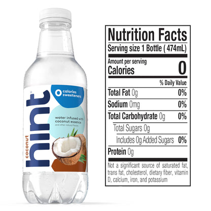 Hint Fruit-Infused Bottled Water, Coconut - Sugar Free Flavored Water with Zero Calories, Naturally Flavored, and No Artificial Sweeteners - 16 Fl Oz (Pack of 12)
