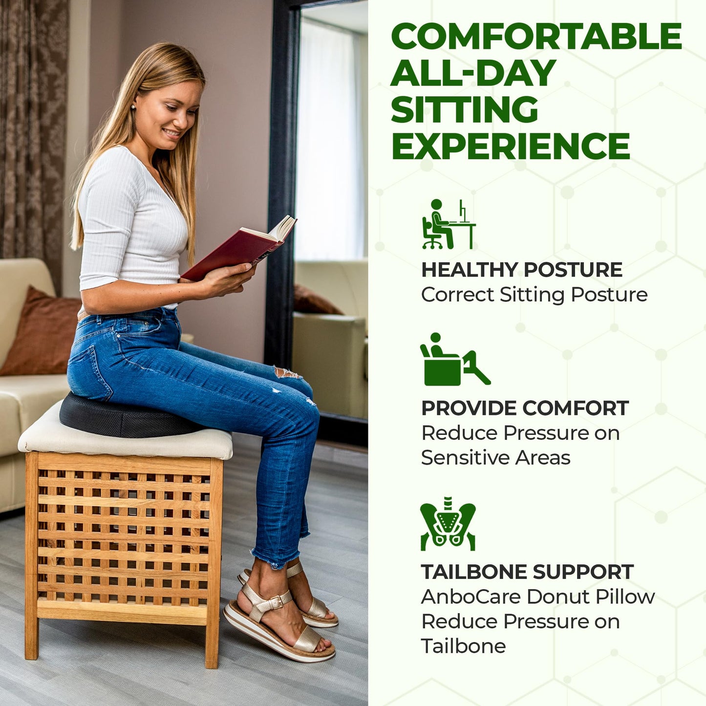 AnboCare Donut Gel Sitting Pillow - Orthopedic Memory Foam for Tailbone Pain, Hemorrhoid, Bed Sores, Postpartum, Prostate, Coccyx & Sciatica Pain