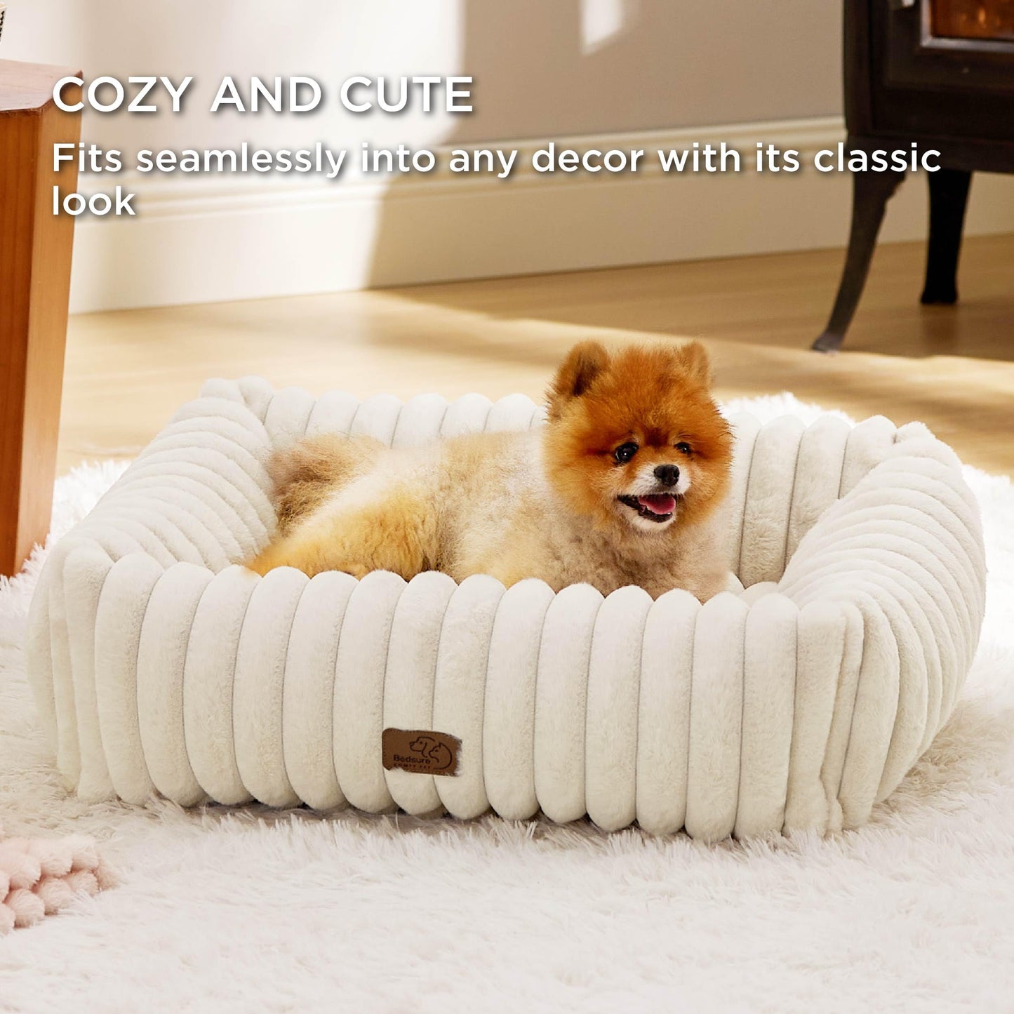 Bedsure Cute Dog Bed for Small Medium Dogs - Washable Furry Puppy Beds, Rectangle Orthopedic Corduroy Fleece Pet Beds with Removable Zipper Cover, 25x21x7inches, Cream