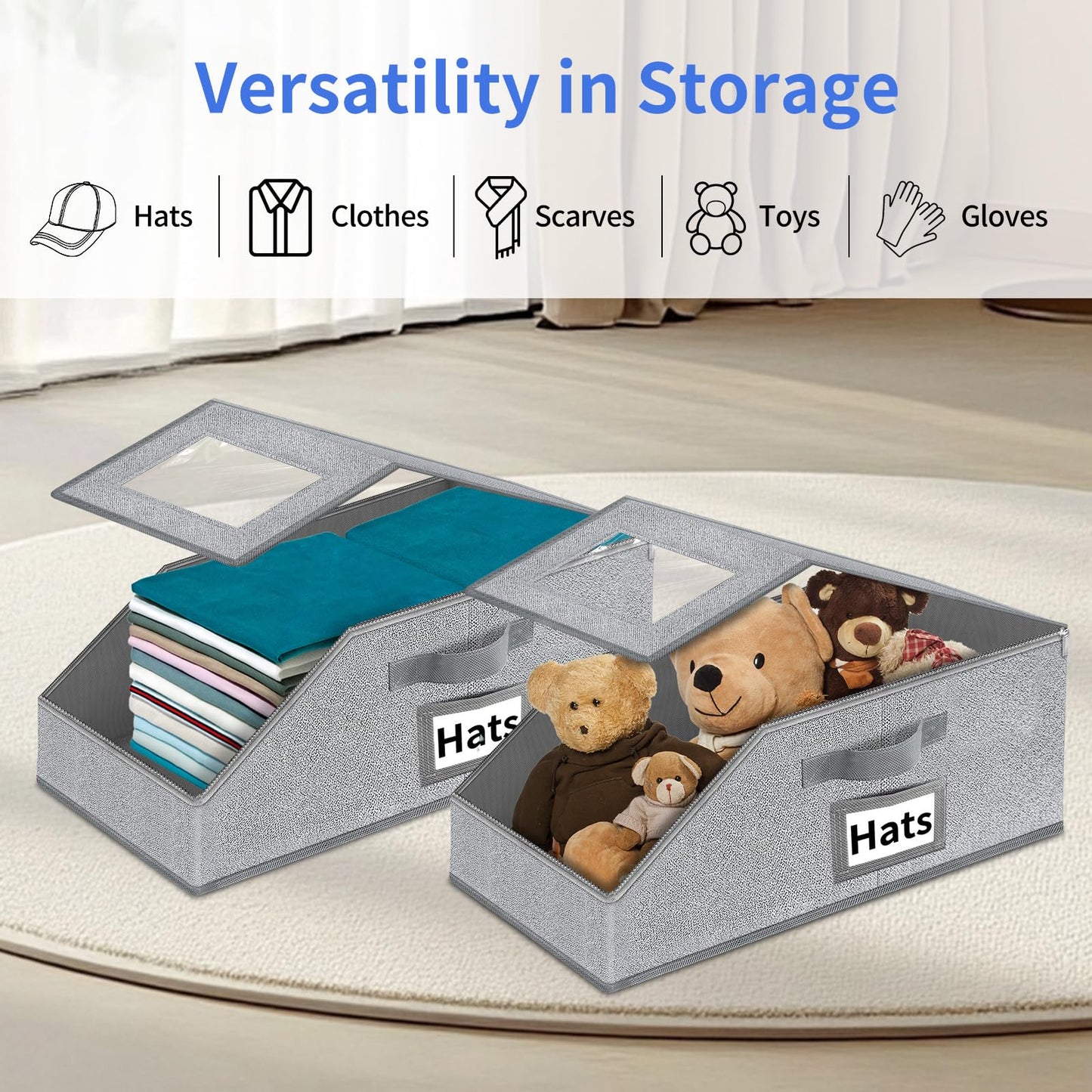 Hat Organizer for Baseball Caps - 2PCS Stackable Cap Storage with Clear Lid, Drawer & Flip-Top Access, Space-Saving Hats Box for Closet, Breathable Fabric, Grey