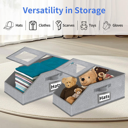 Hat Organizer for Baseball Caps - 2PCS Stackable Cap Storage with Clear Lid, Drawer & Flip-Top Access, Space-Saving Hats Box for Closet, Breathable Fabric, Grey