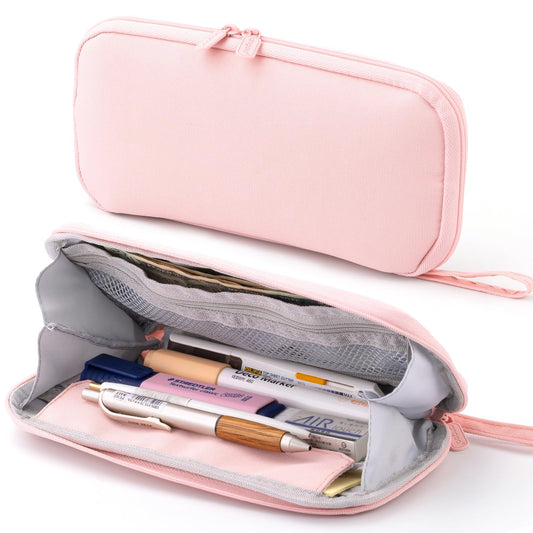 ANGOOBABY Pencil Case Wide Opening Durable Pen Pouch Lightweight Portable Pencil Bag with Handle for School Teen Girl Boy Men Women Adults Pink