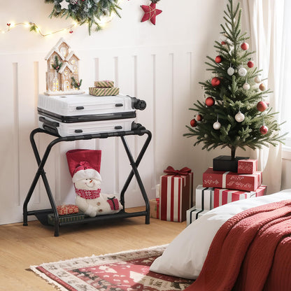 HOOBRO Luggage Rack, Folding Suitcase Stand with Fabric Storage Shelf for Guest Room, Bedroom, Hotel, Holds up to 100 lb, 27 x 15.3 x 22 Inches, Space Saving, Black BK04XL01