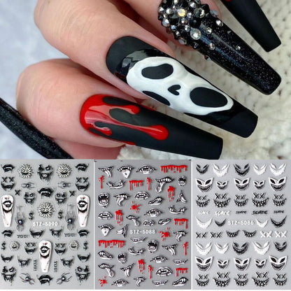 5D Embossed Halloween Nail Art Stickers Day of Death Black Lip Nail Sticker Decal Nail Art Decoration Supplies Horror Spooky Spider Evil Eye Skull Bone Halloween Self-adhesive Nail Design for Women Girls (halloween-1)