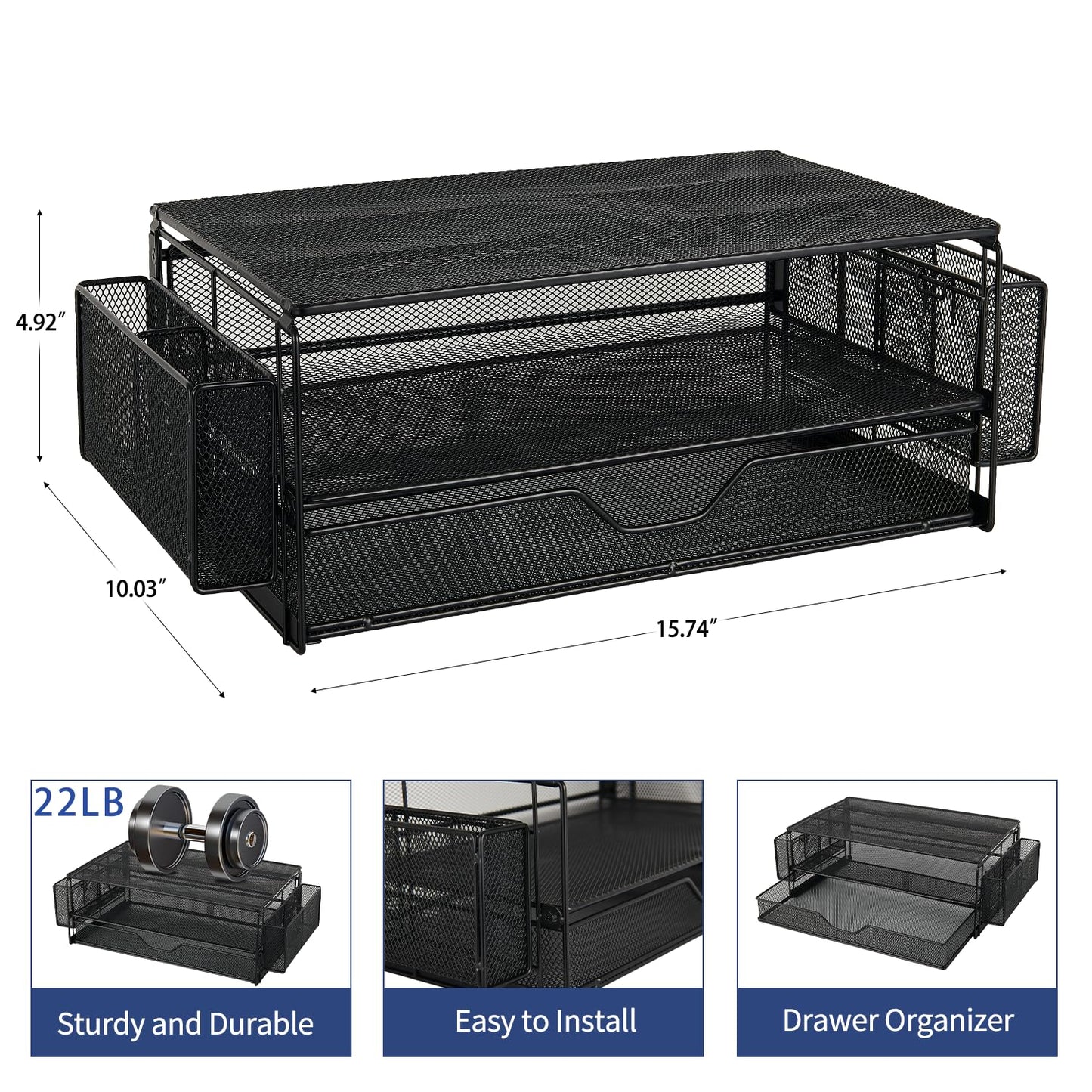 AUPSEN 2 Tier Computer Monitor Stands with Drawer and 2 Pencil Holder, Metal Monitor Stand Monitor riser, Computer Desk Organizer and Accessories for Laptop, Computer, Printer, Office Supplies(Black)