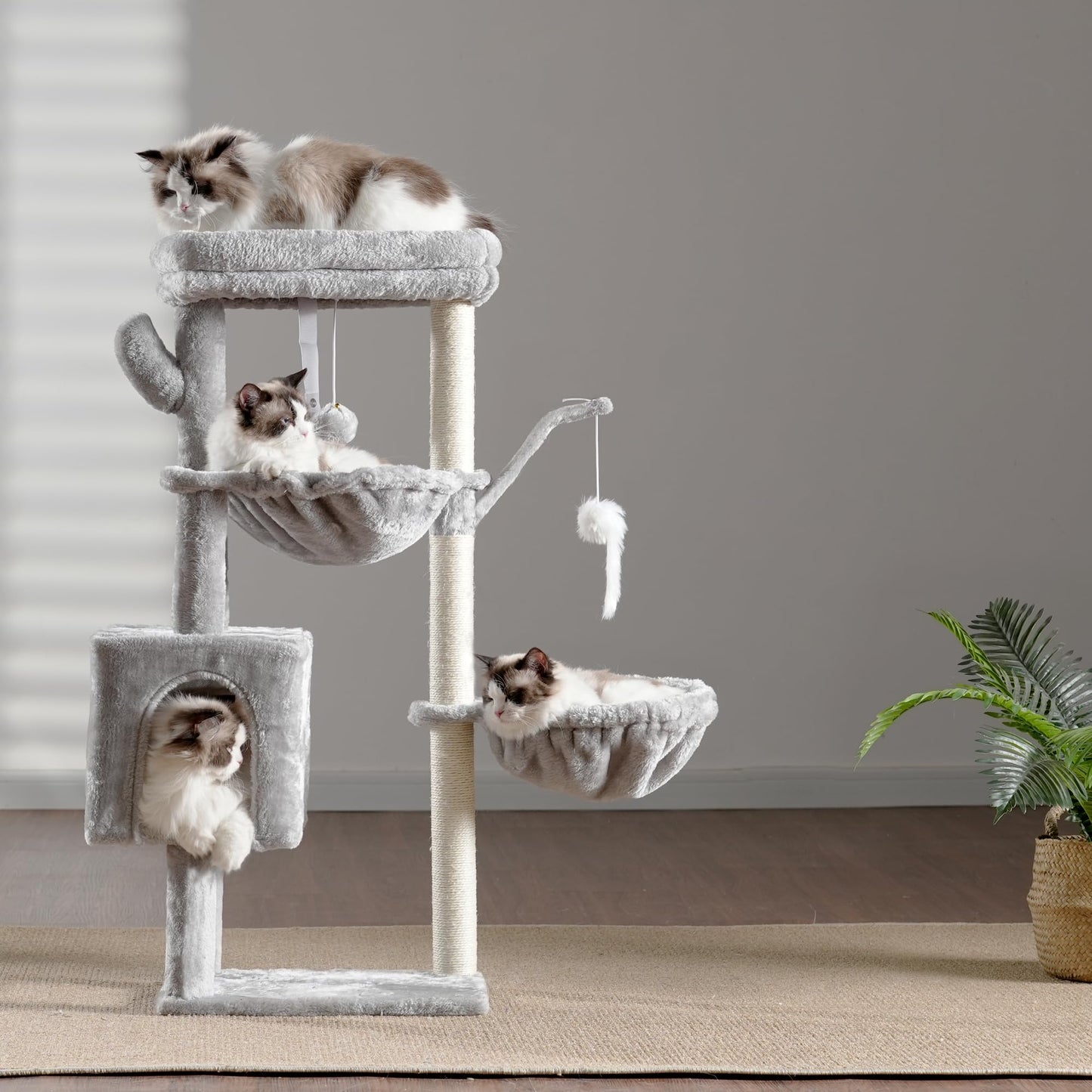 Heybly Cat Tree, 39.4 Inches Tower Condo with Scratching Post, Cat Tower for Indoor Cats, Fully Wrapped Sisal Pole, Soft Platform, 2 Baskets and Dangling Toy, Light Gray HCT006SW