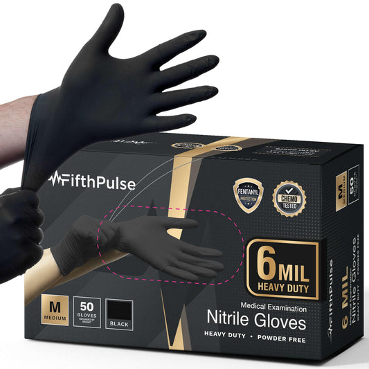 6 Mil Black Nitrile Gloves Medium, Heavy-Duty Disposable Gloves for Mechanics, Food Prep, and Medical Use - Powder-Free, Latex-Free, Extra Thick & Puncture-Resistant Rubber Glove - 50 Count