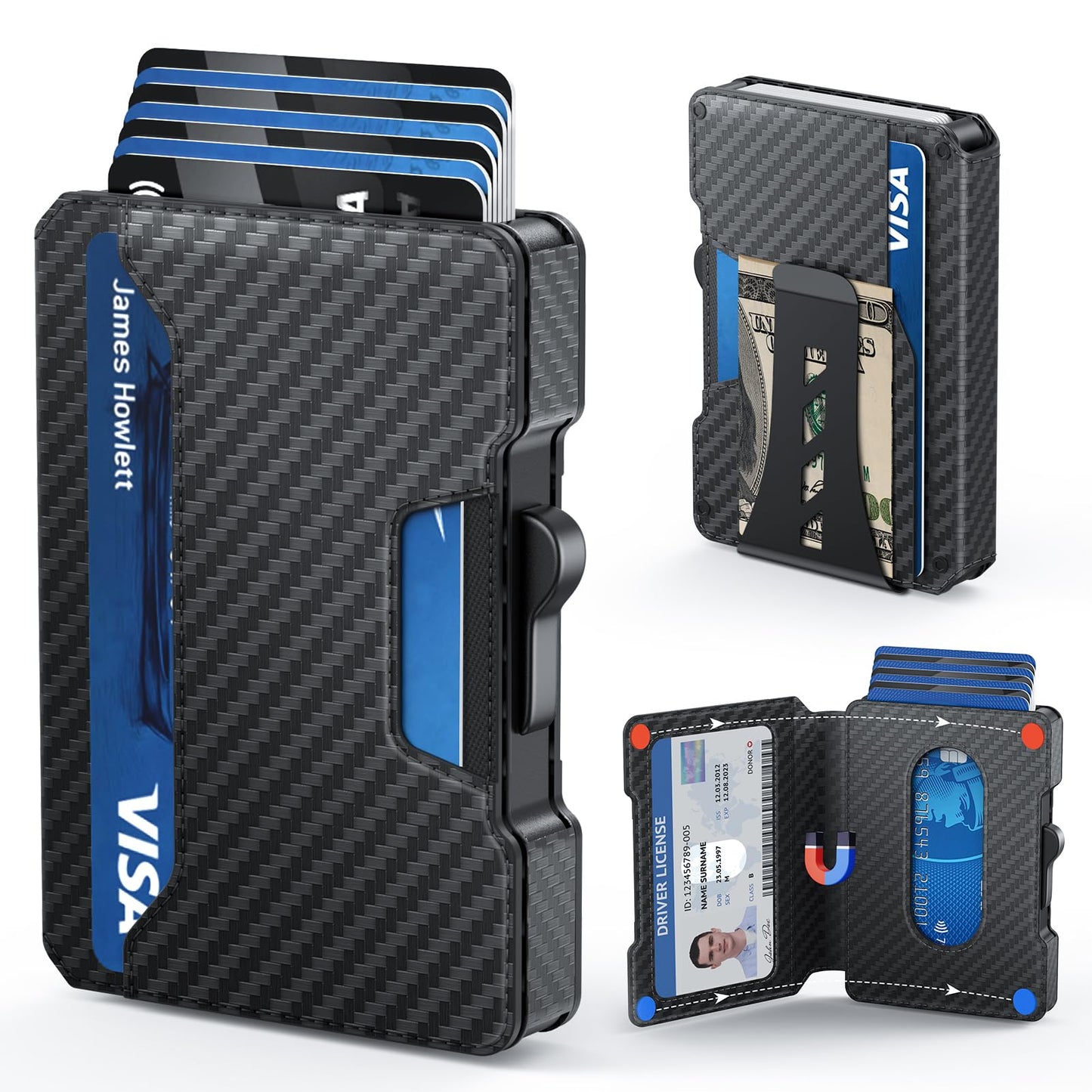 BESSIO Slim Wallet for Men - Minimalist Mens Wallet with Money Clip, Aluminum Pop Up Card Case and Leather Slots Credit Card Holder RFID Blocking Wallet for Men with Gift Box (Carbon Fiber)