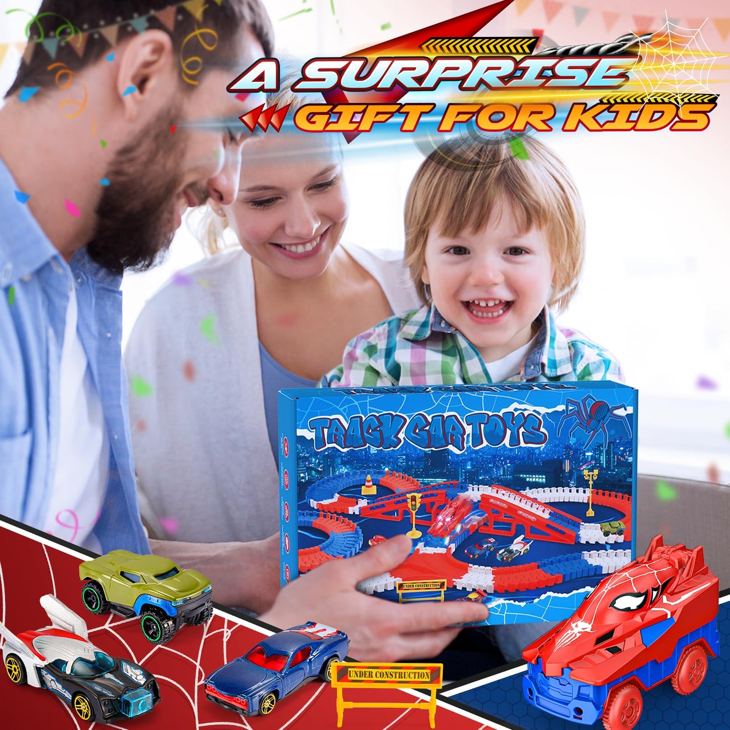 Aetyni Spider Toys for Boys 3-4: 251 PCS Spider Race Track with 5 Alloy Cars Toys for 3 4 5 6 Year Old Boys Car Tracks for Kids Toddler Boy Age 3-5 4-6 6-8 Birthday Gifts