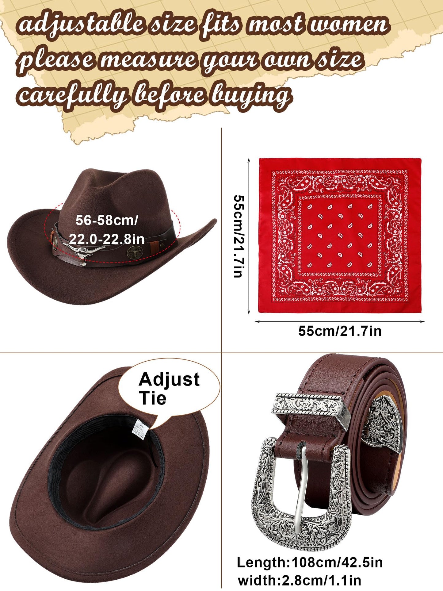 Hercicy Western Outfits for Women Cowgirl Tassel Sleeveless Vest Cowboy Hat Belt and Paisley Bandana for Halloween Dress Up (Brown,XL)