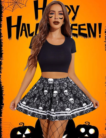 Avidlove High Waist Teen Girls Halloween Print Pleated Skirt Goth Skull Print Kawaii Skirt Cosplay Costume Cheer Skirt with Stripe (Goth Skull Print, M)