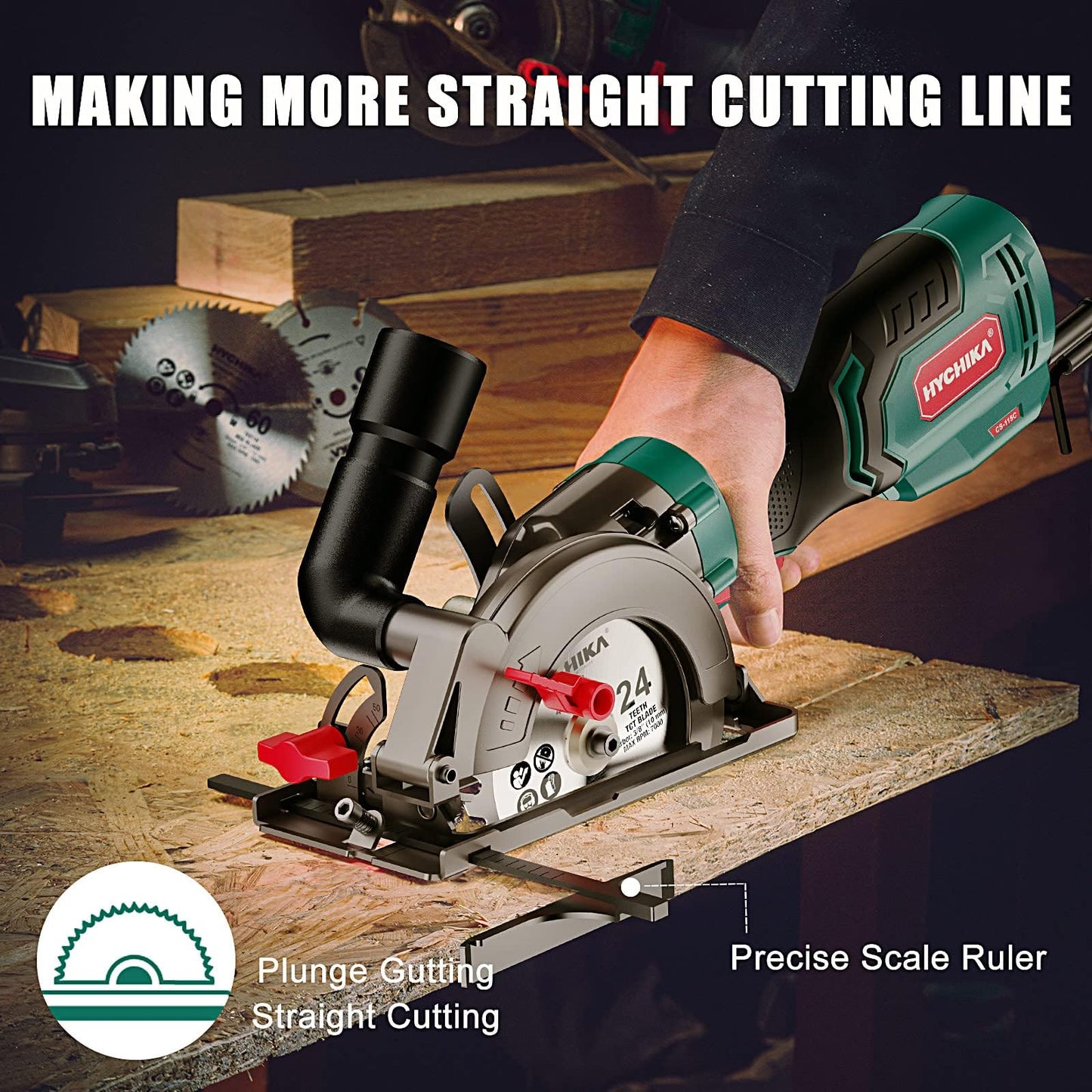 HYCHIKA 6.2A Mini Circular Saw with 3 Blades (4-1/2”), Compact Hand Saw Max 1-7/8" Cutting Depth, 3500RPM, Rubber Handle & 10ft Cord for Wood, Metal, Plastic, Tile