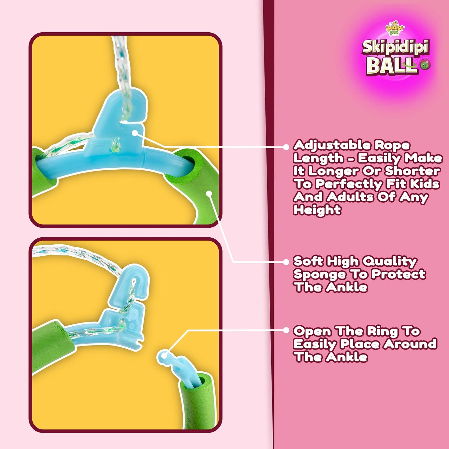 IPIDIPI TOYS Ankle Toy - Pink Retro Jumping Hopper, Ankle Jump Rope Skip Ball, Improve Coordination, Fun Exercise Playground - Best Retro Birthday Gift for Kids Ages 5-12