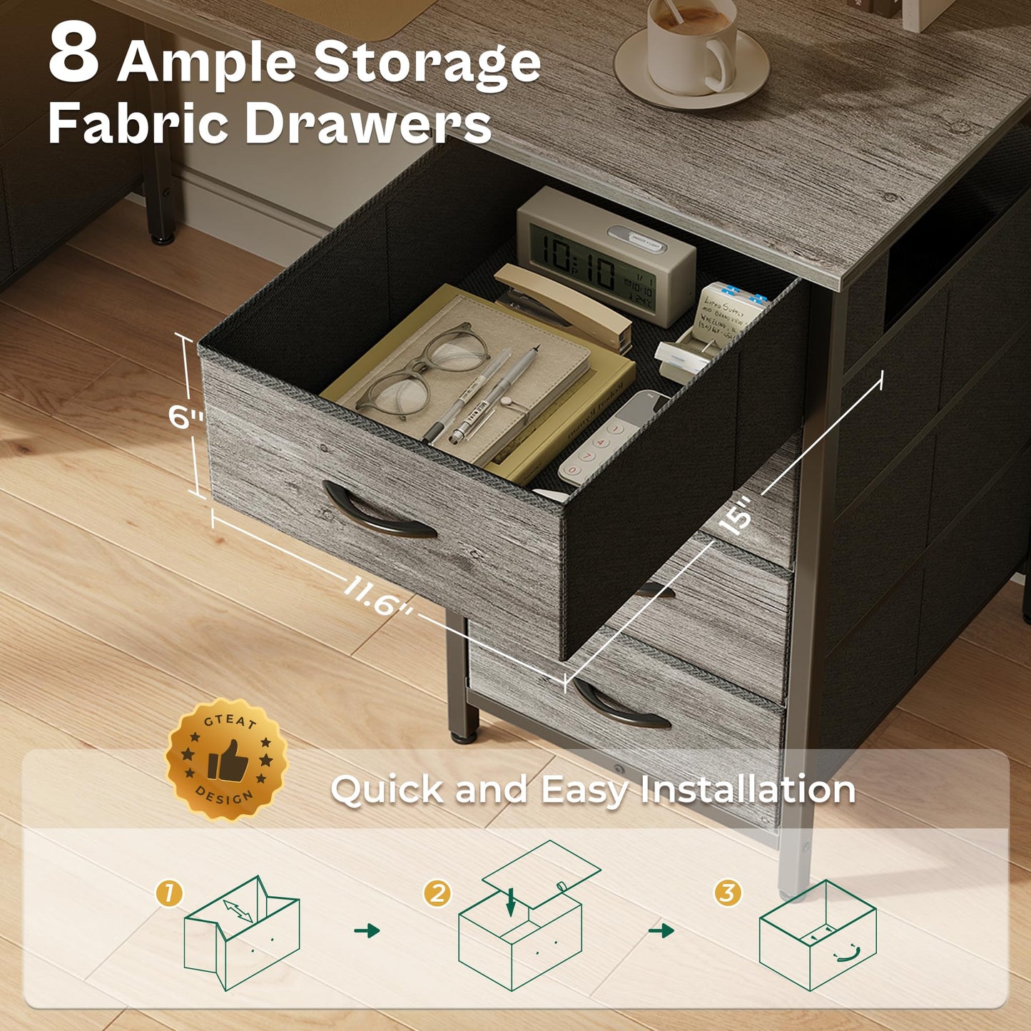 Huuger 54 Inch Computer Desk with 8 Fabric Drawers, Office Desk for Home Office, Study, Gaming Desk with Drawers, Large Storage, Grey