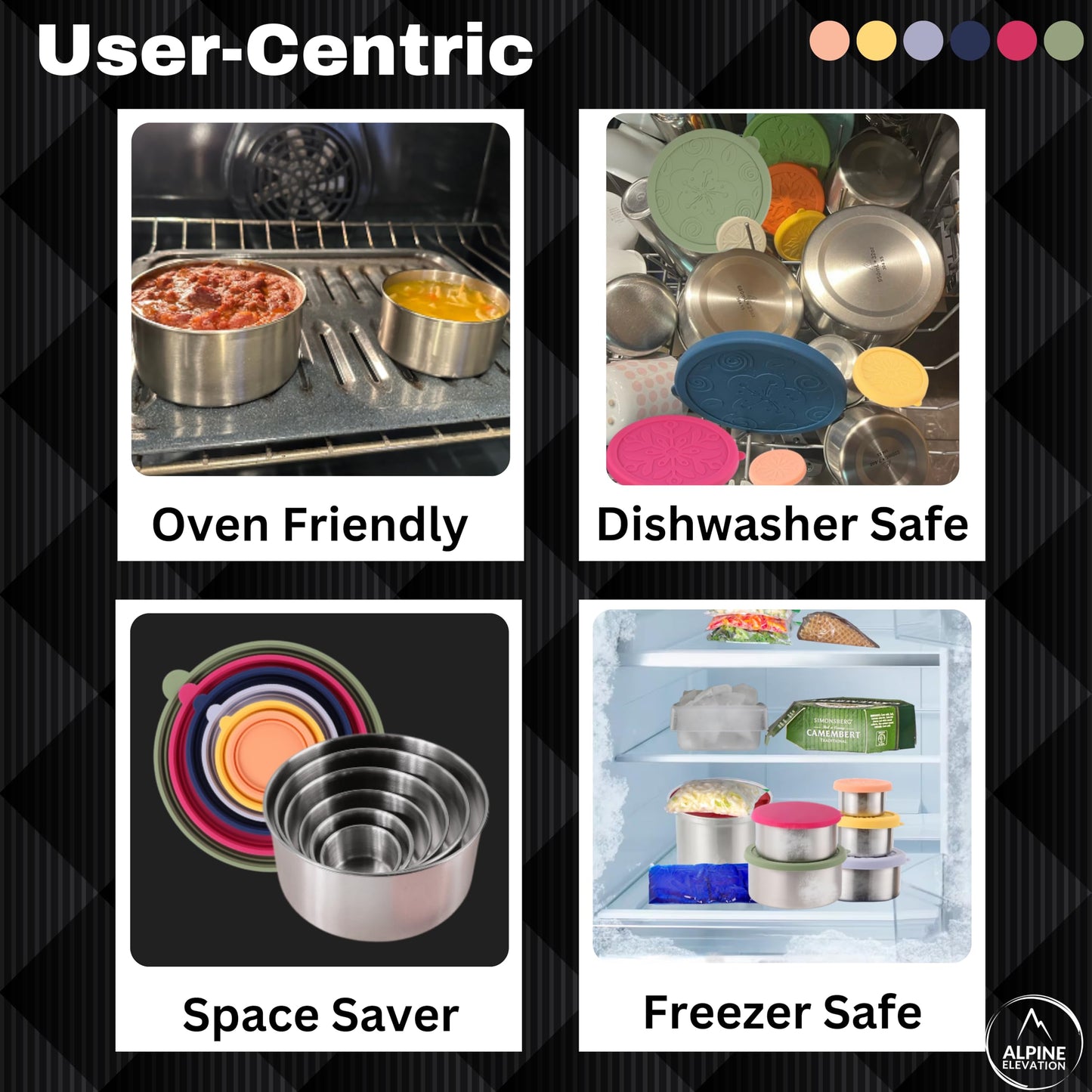 Alpine Elevation 12 Pcs - 6 Stainless Steel Containers + 6 Silicone Lids | 304 Stainless Steel Snack Container | Nesting Snack and Dip Containers | Metal Food Storage