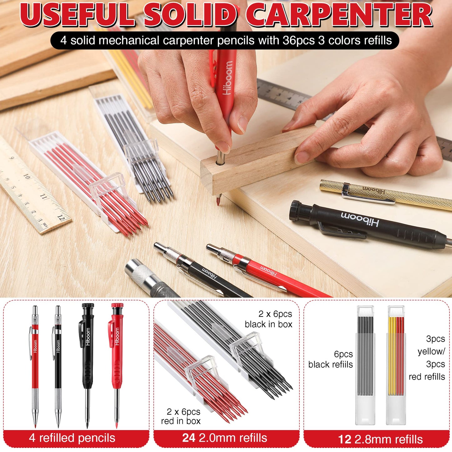 Hiboom 10 Pack Mechanical Carpenter Pencils Set with Sharpener & 36PCs 2.8mm Refills, Deep Hole Marker Pen, Automatic Center Punch, Carbide Scribe Tool, Heavy Duty Construction Pencil for Architect
