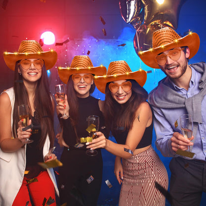 Zhanmai 6 Set LED Cowboy Hat Light Up Glitter Cowboy Hat with Sunglasses Sequin Space Cowgirl Hat for Women Men Costume (Orange)