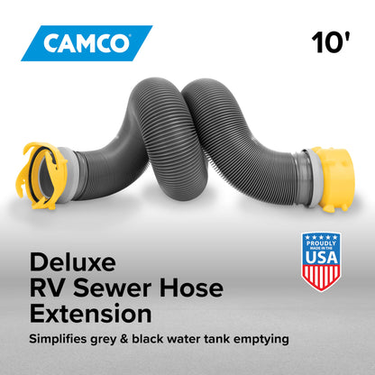 Camco 39665 Deluxe 10' Sewer Hose Extension - Heavy Duty Design with Swivel Fittings, Easy To Use and Compresses For Simple Storage, Storage Caps Included, Gray