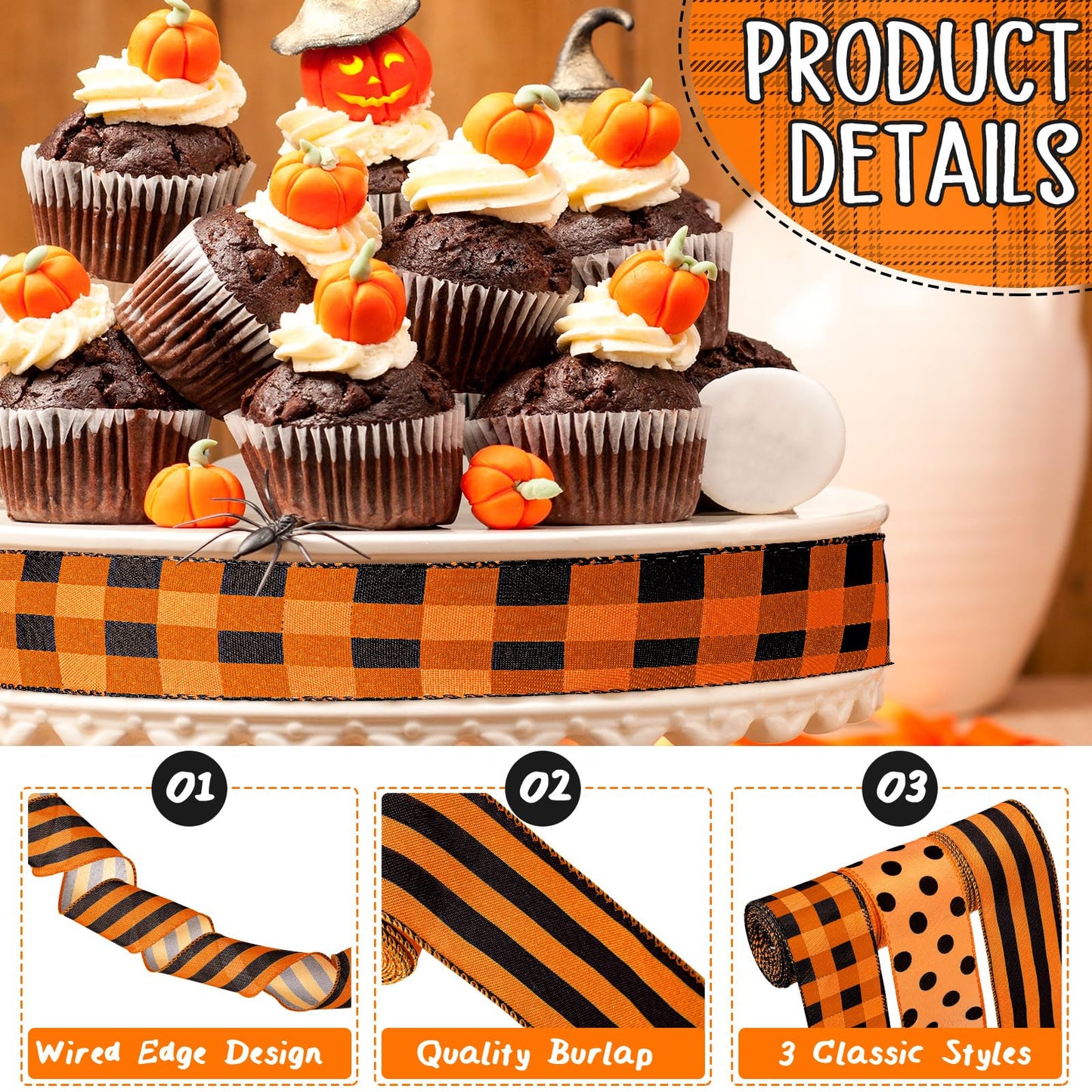 Wiaxin 3 Rolls Wired Ribbon Orange 2.5 Inch x 15 Yards Easter Orange and Black Buffalo Plaid Ribbon Gingham Ribbon Dot Pattern Striped Ribbons for Halloween Thanksgiving Fall DIY Crafts Party Decor