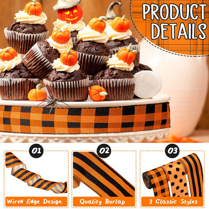 Wiaxin 3 Rolls Wired Ribbon Orange 2.5 Inch x 15 Yards Easter Orange and Black Buffalo Plaid Ribbon Gingham Ribbon Dot Pattern Striped Ribbons for Halloween Thanksgiving Fall DIY Crafts Party Decor
