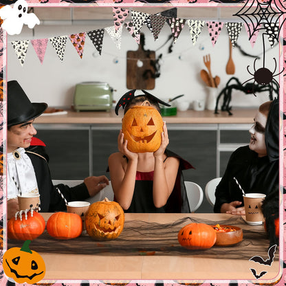 Hosuly 40 Pcs Pink Halloween Fabric Vintage Pumpkin Crow Skull Ghost Spiderweb Quilting Fabric Patchwork Roll Halloween Quilting Strips 2.55 Inch Precut for Sewing Material DIY Crafts