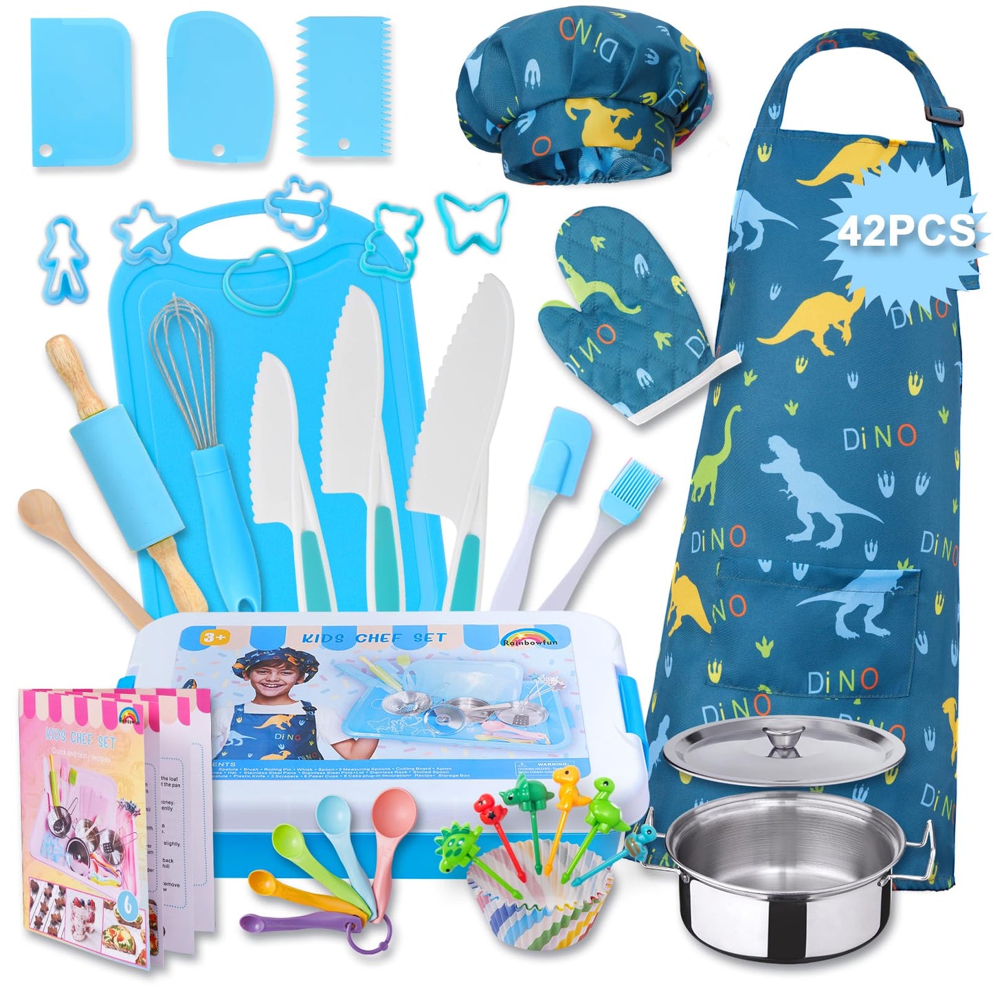 42-Piece Kids Cooking Set - Real Knife, Baking Set, Pots & Pans, Pretend Play Toys - Apron & Chef Hat for Boys