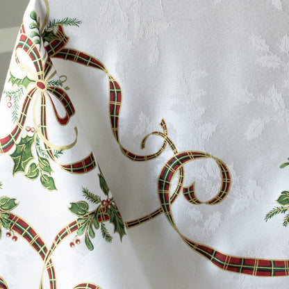 Benson Mills Merry Ribbons Engineered Printed Jacquard Fabric Christmas Table Cloth, Elegant Christmas Tablecloth for All Holiday and Winter (60" x 120" Rectangular)