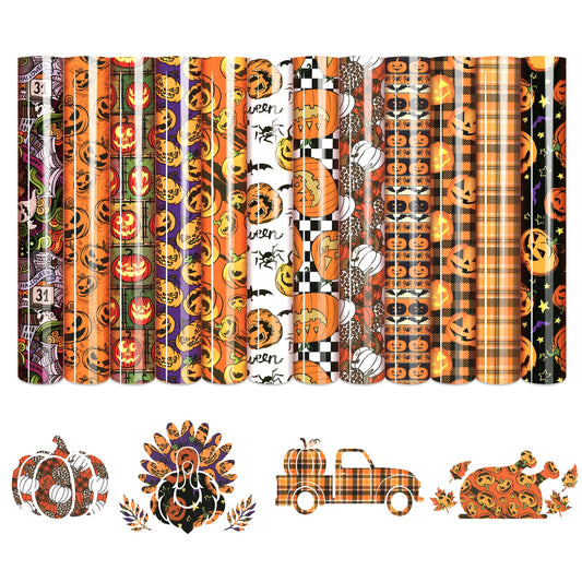 HTVSTD Halloween Pumpkin HTV Vinyl - 12 Sheets (12'' x 10'') Pumpkin HTV Heat Transfer Vinyl Patterned Iron On Vinyl for T-Shirts