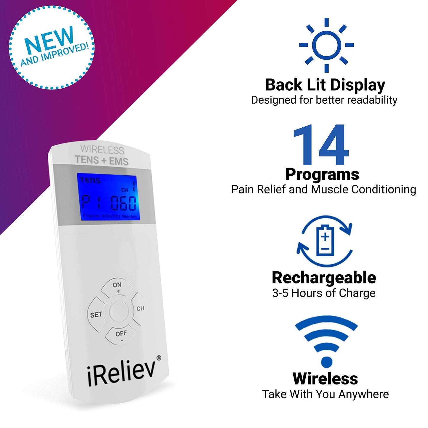 iReliev Wireless TENS + EMS Therapeutic Wearable System Wireless TENS Unit + Muscle Stimulator Combination for Pain Relief, Arthritis, Muscle Conditioning, Muscle Strength