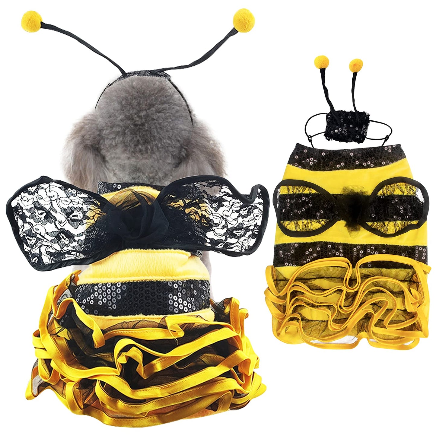 Bee Dog Costume - Bumblebee Pet Dress with Cap - Funny Halloween Outfit for Small, Medium, Large Dogs & Cats