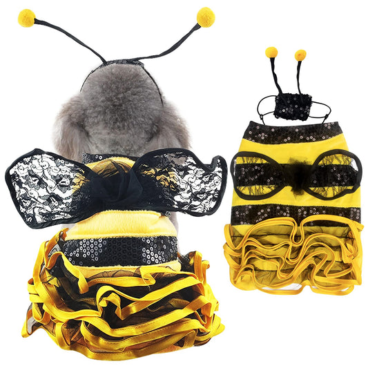 Bee Dog Costume - Bumblebee Pet Dress with Cap - Funny Halloween Outfit for Small, Medium, Large Dogs & Cats