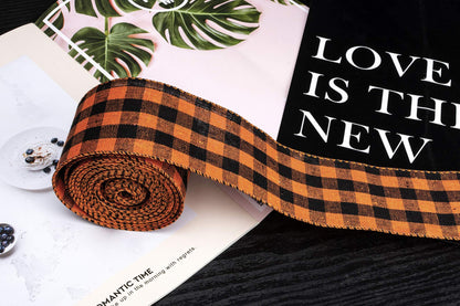 ATRBB Orange and Black Buffalo Plaid Ribbon Wired Edge Gingham Ribbon for Halloween Decoration and Bows Craft,10 Yards by 2.48 Inches (Style 5)