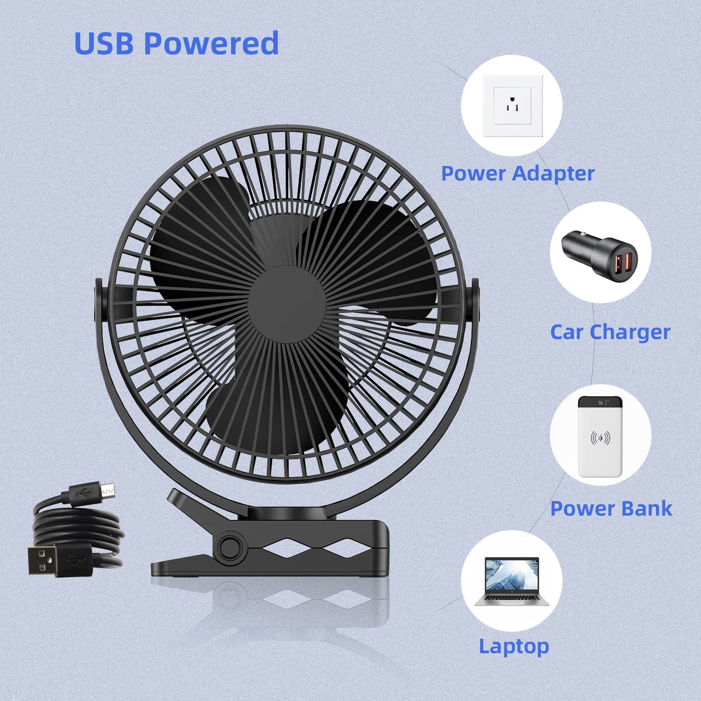 ATEngeus USB Desk Fan, Rechargeable Portable Fan, 8-Inch Clip on Fan, 10000mAh Stroller Fan, 4 Speeds Strong Airflow, 720° Rotation, with Sturdy Clamp, Suitable for home, office and stroller