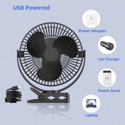 ATEngeus USB Desk Fan, Rechargeable Portable Fan, 8-Inch Clip on Fan, 10000mAh Stroller Fan, 4 Speeds Strong Airflow, 720° Rotation, with Sturdy Clamp, Suitable for home, office and stroller