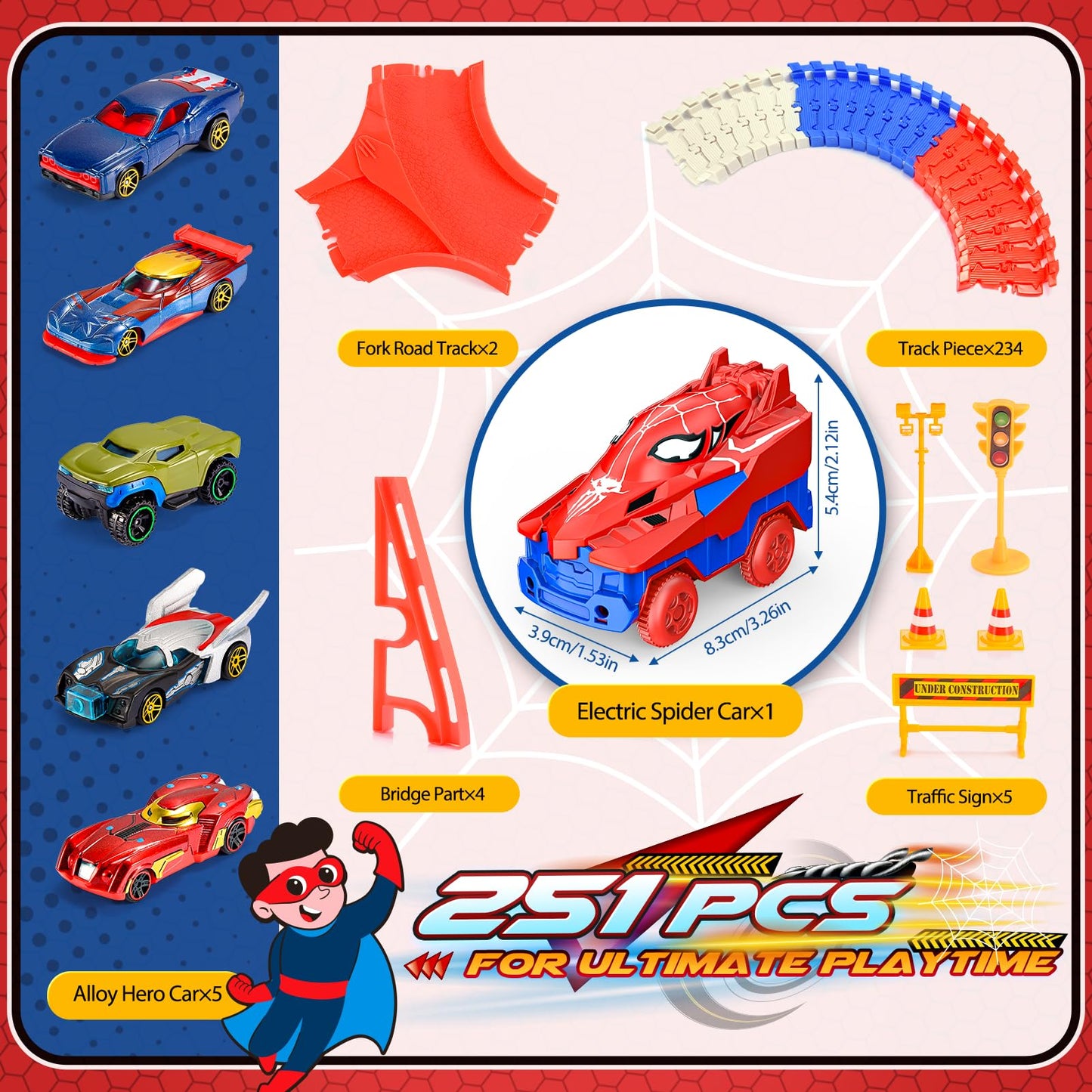 Aetyni Spider Toys for Boys 3-4: 251 PCS Spider Race Track with 5 Alloy Cars Toys for 3 4 5 6 Year Old Boys Car Tracks for Kids Toddler Boy Age 3-5 4-6 6-8 Birthday Gifts