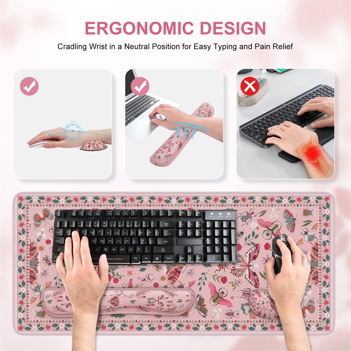 iCasso Large Mouse pad for Desk, Computer Desk Mat, 3Pcs XXL Keyboard and Mouse Pad + Keyboard Wrist Rest, Desk Matt for Desktop, Easy Typing Pain Relief Ultra Thick Mousepad Keyboard Mat(Pink)