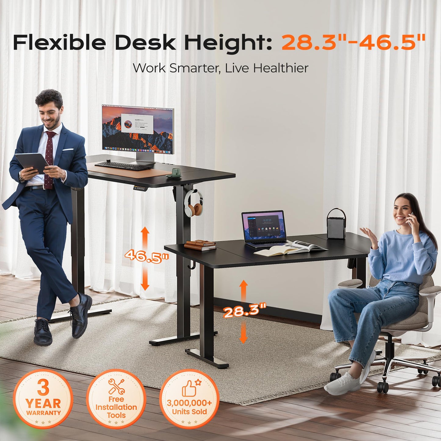 Huuger 55 x 28 Large Electric Standing Desk, Height Adjustable Computer Desk, 27.6" Deep Desktop, Stand up Gaming Office Table with 2 Hooks, 3 Preset Heights, for Home Office, Black