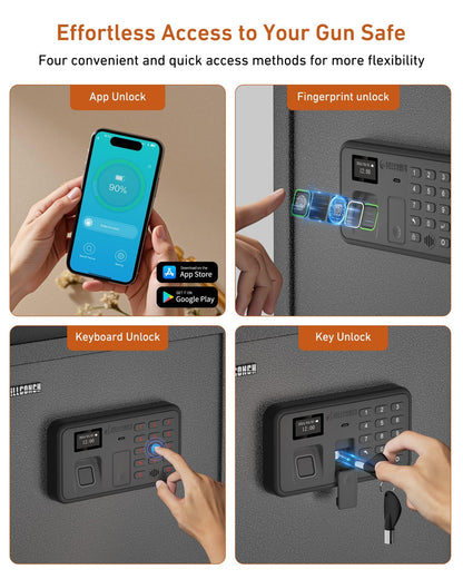 Billconch Smart Gun Safe for Multiple Pistols - Biometric Automatic Lock Safe Box with LCD Display/Voice Guide/Foldable Gun Racks, Quick Access Unlock with Fingerprint/Keypad/Key/App