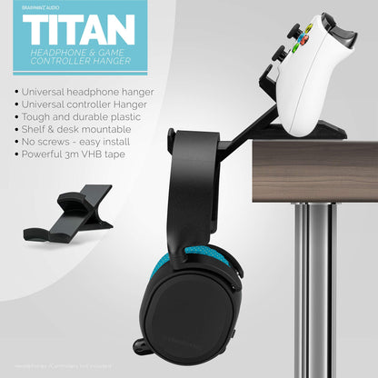 BRAINWAVZ The Titan - Desktop Gamepad Controller & Headphone Hanger Holder - Designed for XBOX ONE, PS4, PS3, Dualshock, Switch, PC, Steelseries, Steam & More, Reduce Clutter, Black
