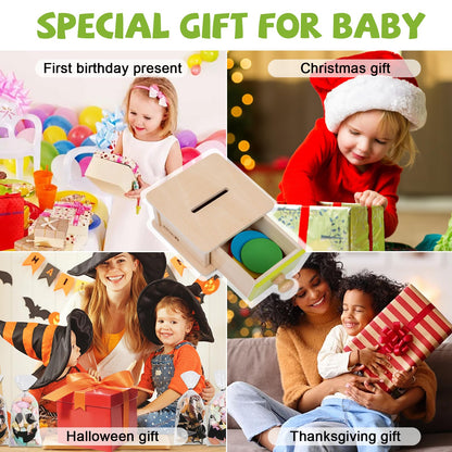 Adena Montessori Coin Box,Object Permanence Box Toys for 1 Year Old Baby Coins,Wooden Montessori Ball Drop Toys Developmental Toys for 6-12 Month Infant Toys,Learning Kids Gifts(Yellow-Green Door)