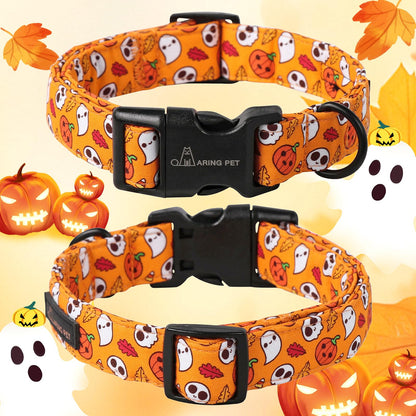 ARING PET Halloween Dog Collar, Cute Orange Ghost Pumpkin Leaves Cotton Lightweight Pet Collars with Quick Release Buckle for Puppy Small Medium Large Boy Girl Dogs-M