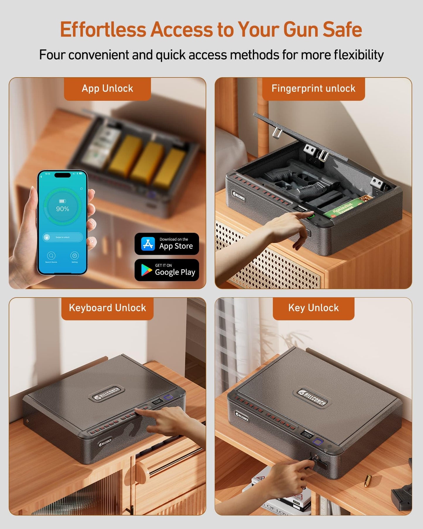 BILLCONCH Smart Gun Safe with Security Cable - Biometric Pistol Safe for Handgun 4 Ways Quick Access with Fingerprint/Keypad/Key/APP Lock, for Nightstand Bedside Home Car with LCD and Voice Guide